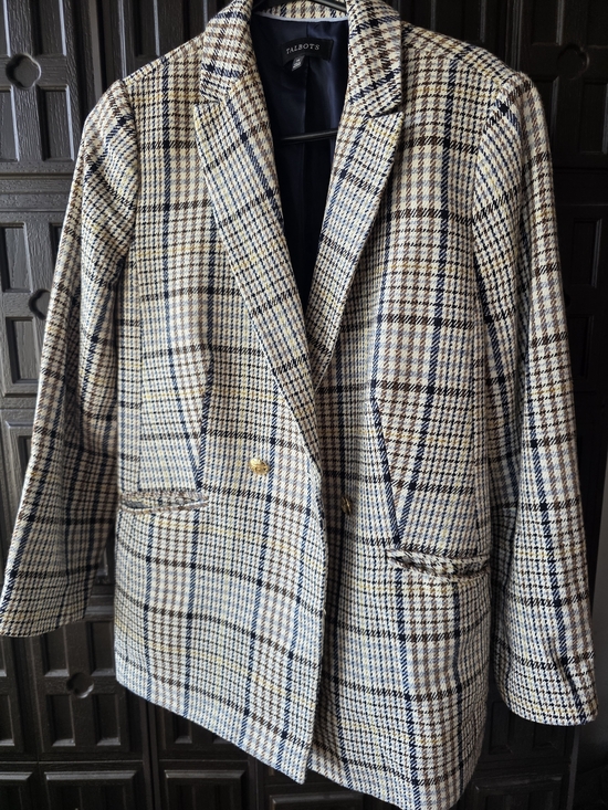 Talbots Jackets & Blazers - Talbots Plaid Double-Breasted Blazer in Cream, Navy & Brown Size 14 Vintage Y2K